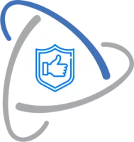 White triangular shield with blue thumbs-up icon in center and curved blue and gray lines around it