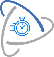 Blue stopwatch icon with motion lines inside a white triangular shape with curved blue and gray borders.