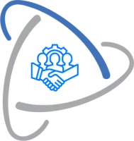 Blue handshake icon with three people and gear inside a triangular shape with curved blue and gray edges