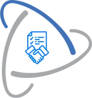 Blue handshake and checklist icon inside a white triangular shape with orbit-like curved lines around it.