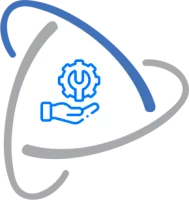 Blue gear and wrench icon above an open hand inside a triangular shield with curved blue and gray lines.