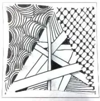 Abstract black and white geometric drawing with intersecting lines, wave patterns, and honeycomb shapes.