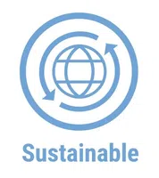 Blue sustainable icon with globe and circular arrows representing environmental responsibility.