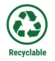 Green recyclable symbol with three arrows forming a triangle above the word Recyclable on white background