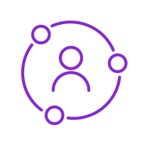 Purple user icon surrounded by three connected circles symbolizing network or connection on black background