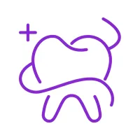 Purple outlined tooth with a sparkle symbol, representing dental care and tooth cleaning.