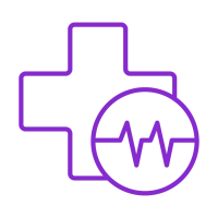 Purple medical cross and heartbeat line icon representing health care and medical services.