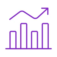 Purple bar chart with ascending arrow line graph indicating growth and positive trend on white background