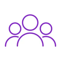 Purple outline icon of three people representing a group or community on a white background