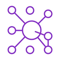 Purple network diagram with a central circle connected to multiple outer circles on a white background