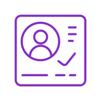Purple line icon of an ID card featuring a user avatar and a verification check mark.