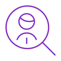 Purple line icon of a person under a magnifying glass on a white background