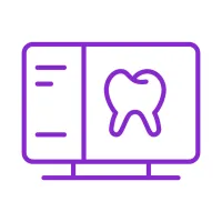 Purple line icon of a dental X-ray displayed on a computer screen with tooth image and menu options