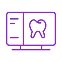 Purple line icon of a dental X-ray image displayed on a computer screen for dental diagnosis.