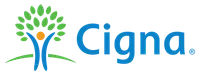 Cigna health insurance logo featuring a stylized person with green leaves forming a tree and blue company name.