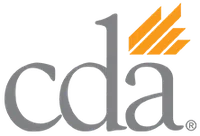 CDA logo with lowercase gray letters and orange abstract design in the top right corner