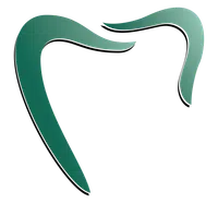 Abstract green curved shape forming a partial heart-like outline on a white background
