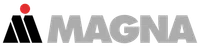 Magna company logo featuring grey uppercase letters with a red dot symbol above the M