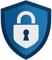 Blue shield with a white padlock symbol representing security and data protection.