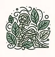 Abstract human figure intertwined with green leaves and swirling lines symbolizing nature and growth.