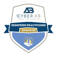 CMMC certification badge for Cyber AB Registered Practitioner Advanced with shield and lock icon.