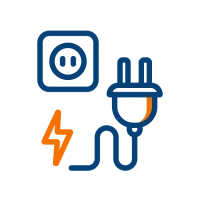 Illustration of an electric plug, outlet, and lightning bolt representing electricity.