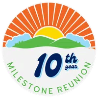 Circular logo with sun rising over green hills, blue clouds, and text '10th year milestone reunion'.