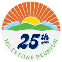 Sunrise over green hills with text 25th year milestone reunion in circular badge design