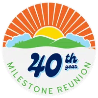 Circular logo with sunrise over green hills, clouds, and text celebrating 40th year milestone reunion.