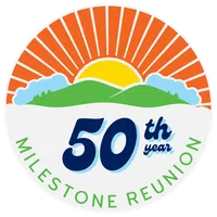 Circular logo with sun rising over green hills and text celebrating 50th year milestone reunion.