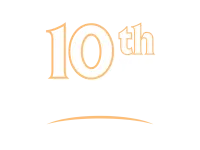 10th year milestone reunion text with white and orange design on black background
