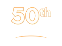 50th year milestone reunion text with white and orange design on a black background.