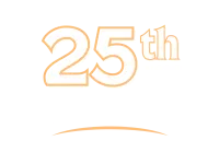 25th year milestone reunion text with white and orange outline on black background