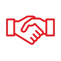 Red handshake icon symbolizing agreement or partnership on a transparent background.