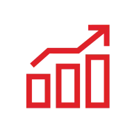 Red bar chart with upward trending arrow on black background signifying growth and progress