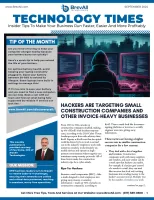 Newsletter cover with cybersecurity tips focusing on hackers targeting small construction companies and battery care advice.
