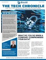 Tech newsletter cover with cybersecurity tip, broken padlock image, and data breach article for August 2024 edition.
