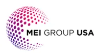 MEI Group USA logo featuring a gradient dotted globe design transitioning from purple to pink