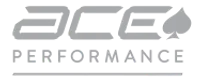 Ace Performance logo with stylized text and a spade symbol in gray on transparent background