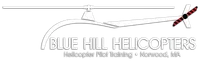 Blue Hill Helicopters logo with helicopter silhouette and training location Norwood MA on black background
