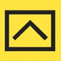 Black upward arrow inside a black square frame on a bright yellow background
