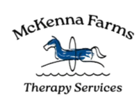 McKenna Farms Therapy Services logo featuring a blue horse jumping through a hoop over a hill and water waves