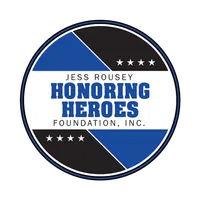 Round logo for Jess Rousey Honoring Heroes Foundation with blue, black, and white colors and stars.