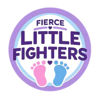 Purple and blue logo with the text Fierce Little Fighters and pink and blue baby footprints inside a circular border.