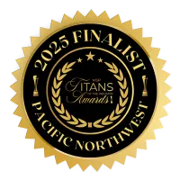 Gold and black seal for 2025 Finalist Pacific Northwest Titans of the Industry Awards with laurel wreath and stars.