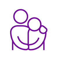 Purple outline icon of two people embracing, symbolizing comfort, care, and support.