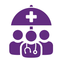 Purple icon depicting healthcare team with doctor and protective umbrella symbolizing medical care and support.