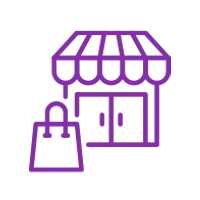 Purple line icon of a storefront with awning and a shopping bag beside it representing retail shopping