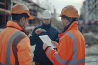 Construction workers in safety gear reviewing plans on a digital tablet at a building site.