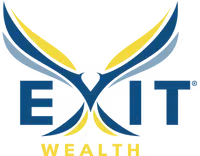 Exit Wealth logo with stylized blue and yellow wings forming an X above the bold company name.